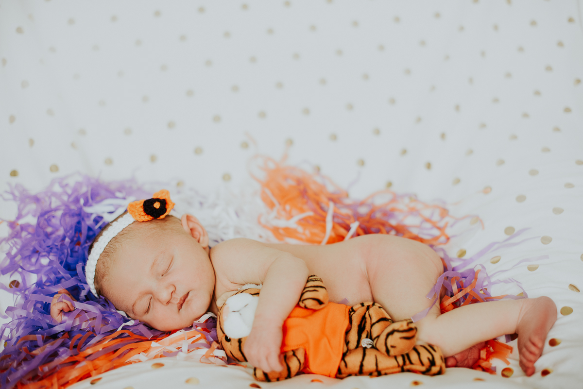Baby girl wearing Clemson colors during her newborn photography session.
